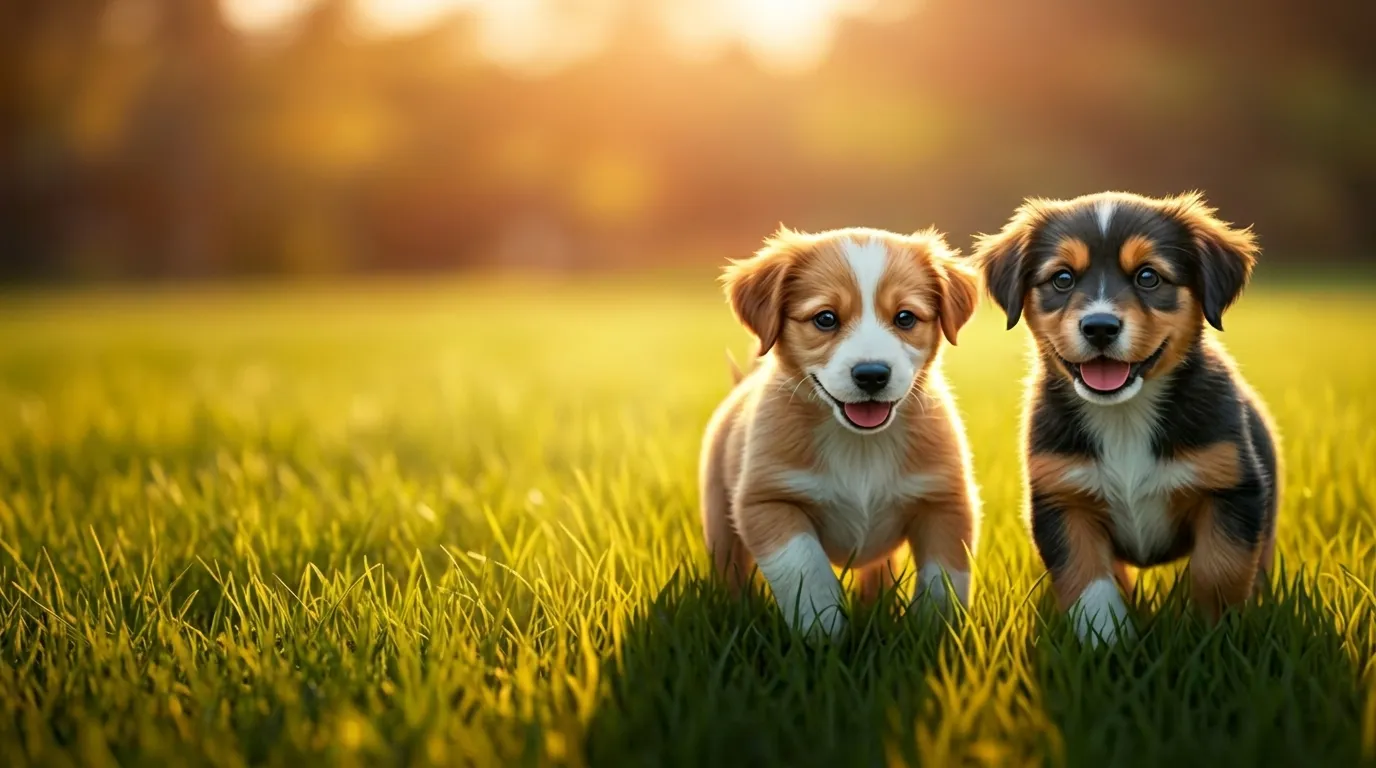 Dos cachorros corriendo en un campo soleado