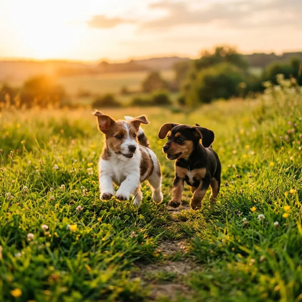 Dos cachorros corriendo en un campo soleado